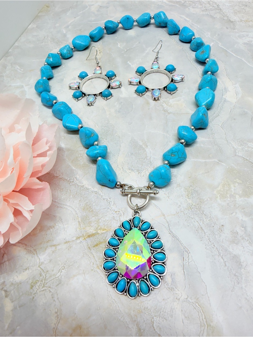 Turquoise Teardrop Pendant Necklace and Earrings Set#AB crystal# western